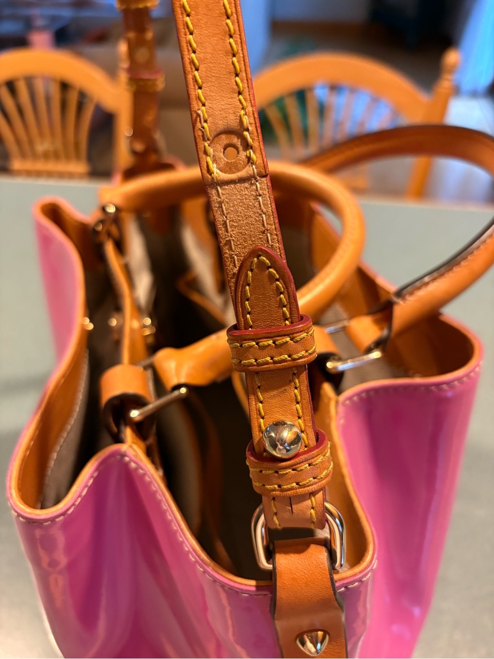 Dooney & Bourke Hot Pink Patent Satchel with Tan Trim - Picture 13 of 13